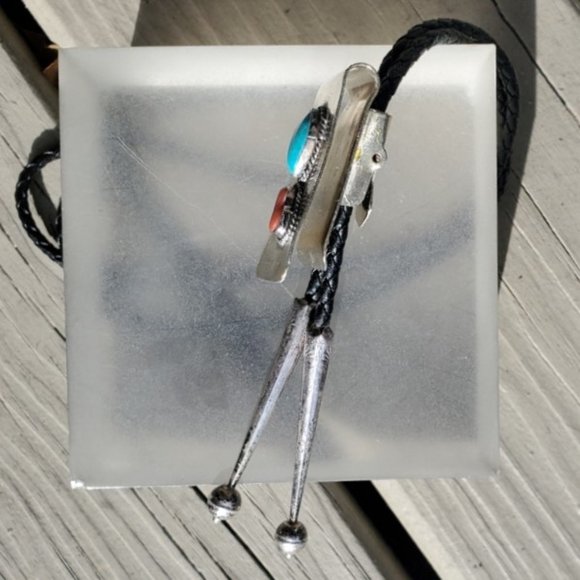 "Money Clip" BOLO Tie Silver -Turquoise -Coral Braided Cord and Silver Tips - Picture 3 of 3